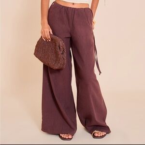 PrettyLittleThing Petite Chocolate Wide-Leg Side-Tie Pants